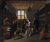 view Interior of a pharmacy, with four figures. Oil painting by Jos. van Brée, 1860.