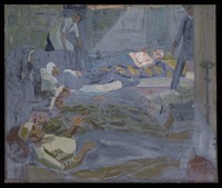 view World War I: wounded sailors after treatment in a distributing station. Oil painting by Godfrey Jervis Gordon ("Jan Gordon").