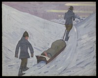 view World War I: transport of the wounded by sledge in Russia, 1918. Oil painting by Godfrey Jervis Gordon ("Jan Gordon").