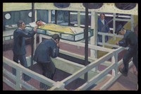 view World War I: a hospital ship showing lift for transferring wounded sailors from deck to deck. Oil painting by Godfrey Jervis Gordon ("Jan Gordon").