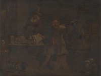 view A medical practitioner examining urine brought by a woman patient. Oil painting after David Teniers II.