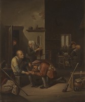 view A surgeon treating a patient's foot and a barber shaving a man. Oil painting after Adriaen Brouwer.