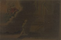 view Votive picture: a man praying to the Virgin and Child in a church in which either he or another man stands on a ladder which is falling away from the wall. Oil painting.