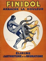 view A man representing the remedy Finidol rescues another man from the clutches of an octopus whose tentacles represent rheumatic and arthritic diseases. Colour lithograph after René Vincent.