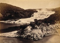 view Pink and White Terraces, New Zealand: terraced thermal pools on the edge of Lake Rotomahana. Albumen print by Burton Bros.