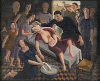 view A home birth. Oil painting by Karl Hagedorn.