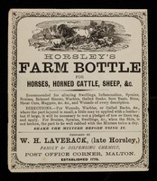 view Horsley's farm bottle for horses, horned cattle, sheep, &c. ... / prepared by W.H. Laverack.