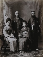 view A family group in a photographic studio, the women seated, in front of a curtained backdrop.