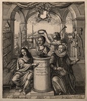 view Francis Bacon and William Brouncker flanking a bust of King Charles II set on a pedestal, surrounded by symbols of scientific learning representing the Royal Society. Etching by W. Hollar, 1667, after J. Evelyn.