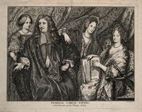 view Charles Patin, his wife, and family: his wife holding a miniature of his father, one daughter holding an open book, the other an orrery. Engraving by J. Juster, 1691, after N. Jouvenet, 1684.