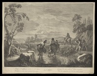 view Evening: shepherds, labourers on their way home after a day of work, followed by two women and a child who cross a stream. Etching by J. Wagner after G. Zocchi.