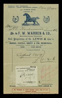 view Dr. to F. W. Warren & Co., manufacturing chemists, : sole proprietors of G. Lewis & Co.'s world-renowned horse, cattle, sheep & pig medicines, condiments, cattle foods, calf meal, &c.