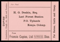 view Per post : H.G. Deakin, esq., Lari Forest Station, P.O. Uplands, Kenya Colony / from Francis Cupiss Ltd., The Wilderness, Diss.