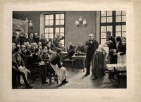 view Jean-Martin Charcot demonstrating hysteria in a hypnotised patient at the Salpêtrière. Etching by A. Lurat, 1888, after P.A.A. Brouillet, 1887.