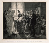 view Rabies vaccination in Pasteur's laboratory in Paris. Lithograph by F. Pirodon, 188-, after L.-L. Gsell.