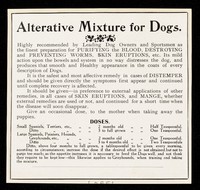 view Alterative mixture for dogs : highly recommended by leading dog owners and sportsmen as the finest preparation for purifying the blood, destroying and preventing worms, skin eruptions, etc. ...