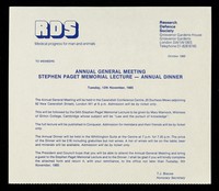 view Annual general meeting, Stephen Paget memorial lecture, annual dinner : Tuesday, 12th November, 1985 / T.J. Biscoe, honorary secretary.