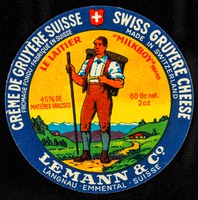 view Crème de gruyère suisse : fromage fondu : fabriquée en Suisse : le laitier = Swiss gruyere cheese : made in Switzerland : "Milk Boy" brand / Lemann & Co.