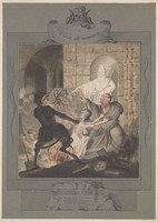 view A monk and a statue of Saint Patrick trying to prevent the devil from snatching the corpse of a witch from its grave. Watercolour by E. Bell, 1804.