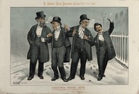 view Gladstone and three other politicians involved in Irish politics as Christmas drinking companions. Colour lithograph by Tom Merry, 24 December 1887.