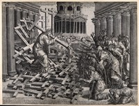 view Left, Christ carrying the Cross, standing on a pile of crosses; right, people with crutches seek his help, within a setting of colonnades. Engraving by G.B. Cavalieri, 1568.
