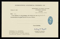view International Anatomical Congress, 1950... : I have pleasure in acknowledging with thanks the sum of... / Audrey M. Mayall.