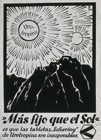 view A 'Urotropina' tablet as the sun shining over mountains, advertising Schering's Urotropina tablets. Lithograph after Leonhard Fries.
