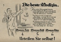 view A man throws a bottle of  medicine out of the window and instead smokes Massary cigarettes to calm his nerves. Process print after Leonhard Fries.