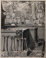 view Human bones in the foreground; skeletons in the background. Engraving after C. Martinez, ca. 1680 (?).