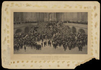 view Seventh International Congress of Hygiene and Demography, London: participants standing on a monumental staircase with a statue of Queen Victoria in a niche at the top. Photograph by Barrauds, 1891.