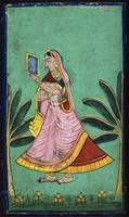 view An Indian lady looking at herself in a mirror. Gouache painting by an Indian painter.