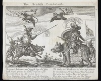 view An ape in military attire, sitting astride a hog, confronts a baboon, also in military attire, who sits astride a bear. Engraving by F. Barlow, ca. 1679/1680.