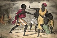 view The capture of slaves by an African slaver in Africa. Watercolour, 18--.