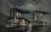 view A midnight race on the Mississippi: two paddle steamers, the 'Lincoln' and the 'Davies' on the river at night. Colour lithograph, 1871.