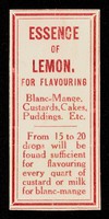 view Essence of lemon : for flavouring blanc-mange, custards, cakes, puddings, etc.