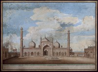 view Delhi: Jama Masjid, exterior view of east facade. Watercolour by Ghulam Ali Khan, ca. 1820.