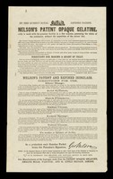 view Nelson's patent opaque gelatine : jelly is made with the greatest facility in a few minutes, possessing the whole of the nutriment, without the impurities of the calves' feet / George Nelson.