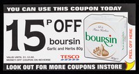 view 15p off boursin garlic and herbs 80g : valid until 31.12.02 : money-off coupon on reverse : you can use this coupon today : look out for more coupons instore / Tesco Stores Limited.