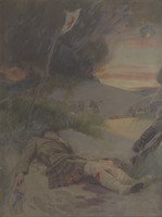 view World War I: a Scottish soldier, wearing the kilt, lying wounded on a battlefield. Oil painting by Ernest Board, ca. 1916/1918.