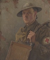 view World War I: an R.A.M.C. bearer supplying water to the front line. Oil painting by H.R. Mackey.
