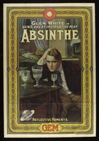 view An absinthe addict eyeing three glasses on a table; advertisement for film "Absinthe". Colour lithograph, ca. 1913.