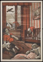 view A family (two adults and two children) lying dead in a room in their house as a result of poison gas emitted from an aeroplane flying overhead. Colour lithograph, 192-.