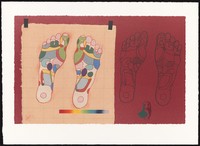 view Two pairs of feet, indicating reflexology marks on the soles. Colour lithograph by Robert Paul, 1994.