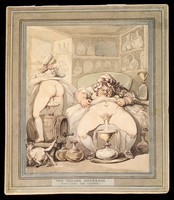 view An English rural apothecary's shop in which women apothecaries produce eye-lotion from their own urine. Watercolour by Thomas Rowlandson, ca. 1800 (?).