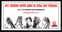 view Four pairs of hands clasping (some black, some white); representing successful management of AIDS in South Africa through equitable behaviour. Lithograph, ca. 1996 (?).