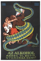 view Alcoholism as a monstrous boa constrictor which forces a man to drink from a bottle held in its jaws, and crushes him and his wife and children. Colour lithograph by M. Biro, 19--.