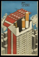 view A block of flats which turns into a packet of cigarettes, surrounded by factories with smoking chimneys; representing the pollutant effects of cigarette smoking. Colour lithograph after I.V. Tomash, 1988.