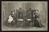 view Post card : [2 views of a female midget with a baby next to a carved chair].