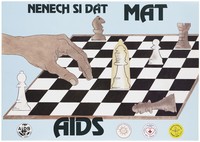 view A hand hanging over a chessboard has made its last move: white wins because the white king is protected by a condom; representing protection against AIDS. Colour lithograph, 199-.