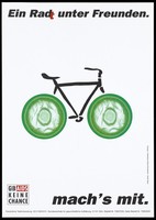 view A bicycle with two green condoms instead of wheels; representing protection against AIDS. Colour lithograph after M. Kolvenbach and G. Meyer, 199-.